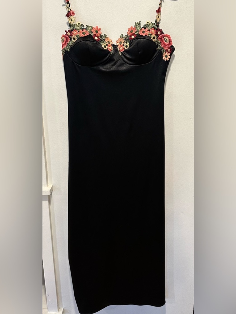 Black Floral-Trim Slip Dress with Pink Embroidered Flowers
